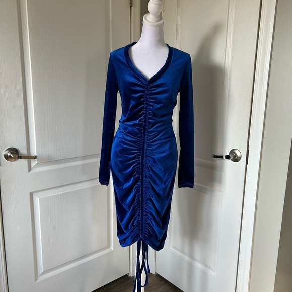 chicme Dresses & Skirts - Chicme blue velvet long sleeve party dress Y2K style ruched drawstring size s
